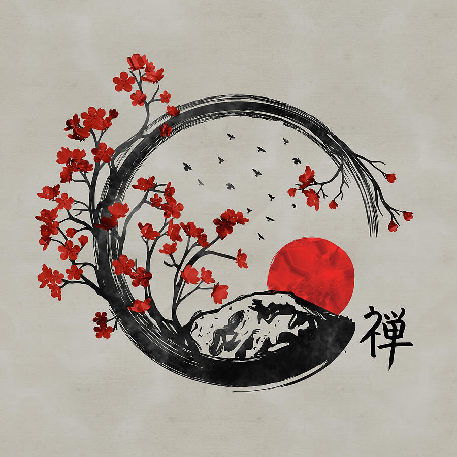 Zen Enso Circle and Sakura Branches Digital Art by Lioudmila Perry