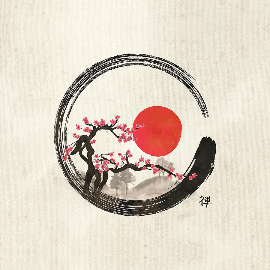 Zen Enso Circle and Sakura Tree Digital Art by Lioudmila Perry