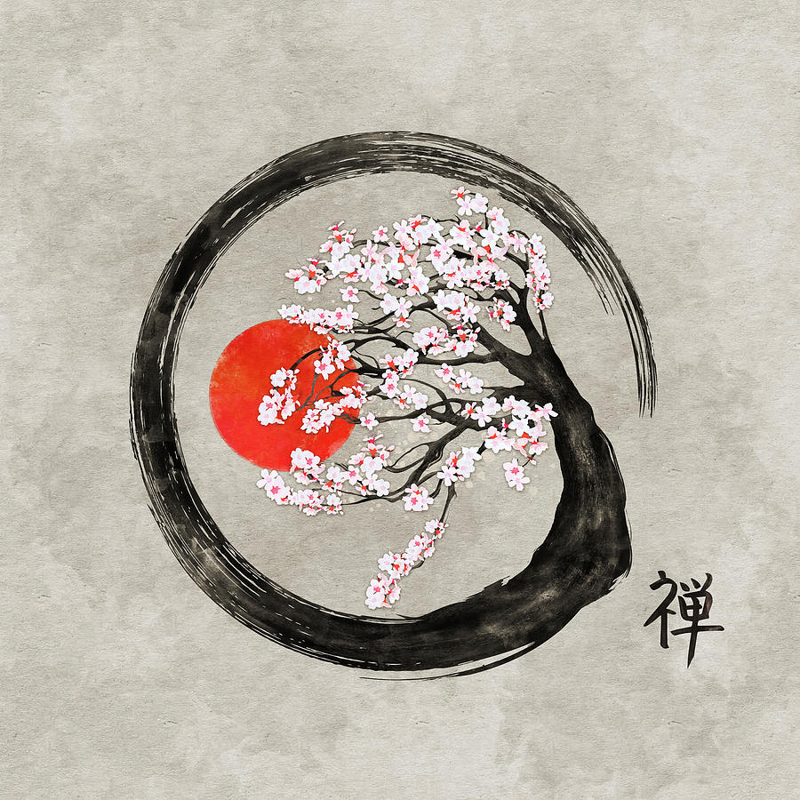 Zen Enso Circle and Sakura Tree on Canvas Digital Art by Lioudmila Perry