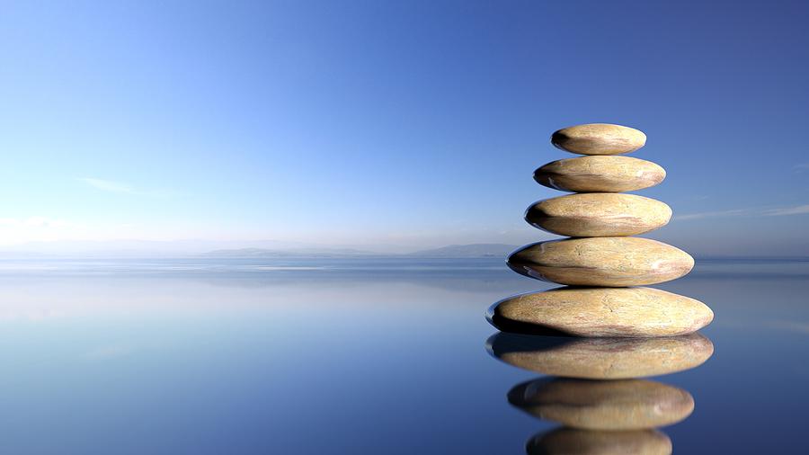 Zen Stones Stack From Large To Small In Water With Blue Sky And Peaceful Landscape Background Mixed Media By George Tsartsianidis