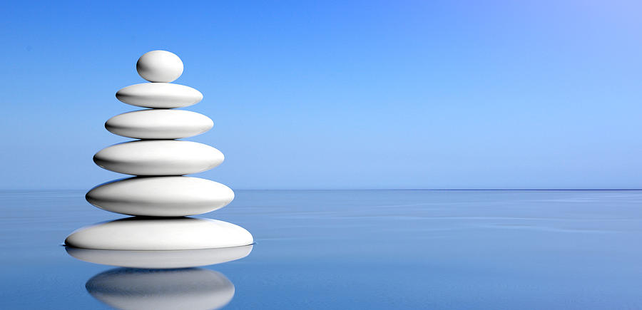 Zen Stones Stack On Water Blue Sky Background 3d Illustration Mixed Media By George Tsartsianidis