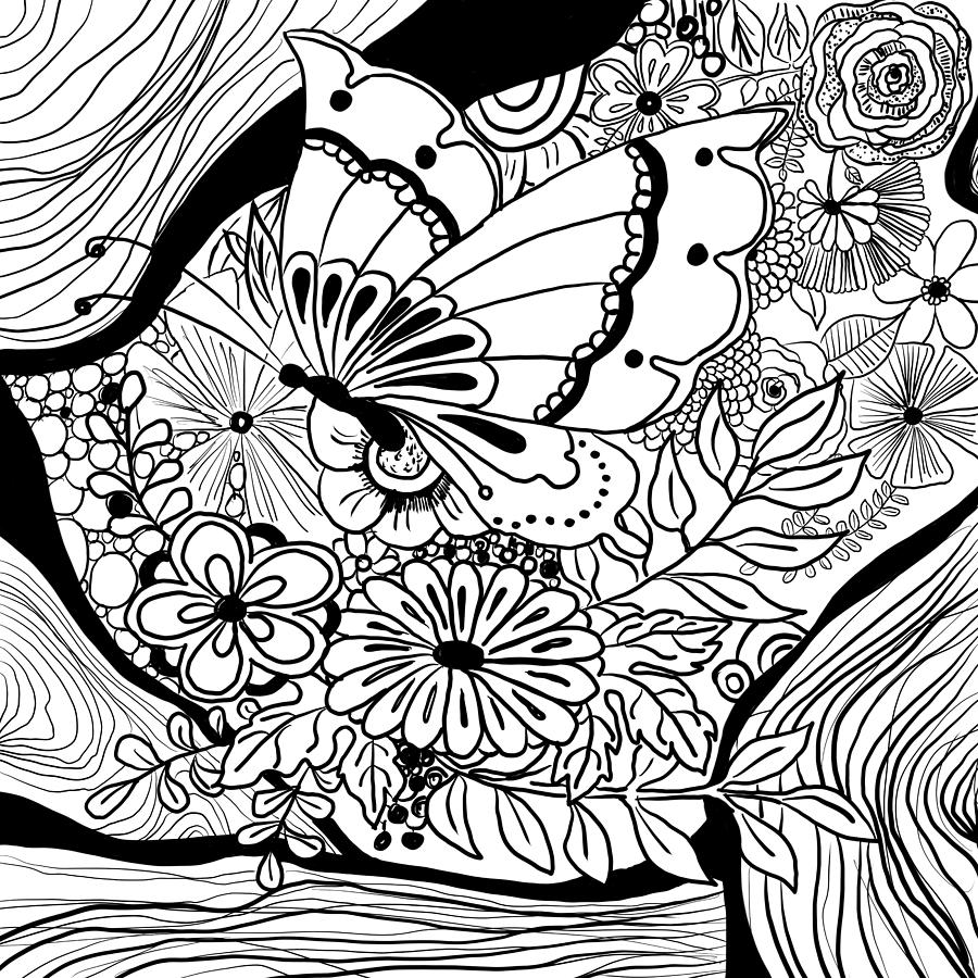 Zendoodle Butterfly Black and White Drawing by Patricia Piotrak