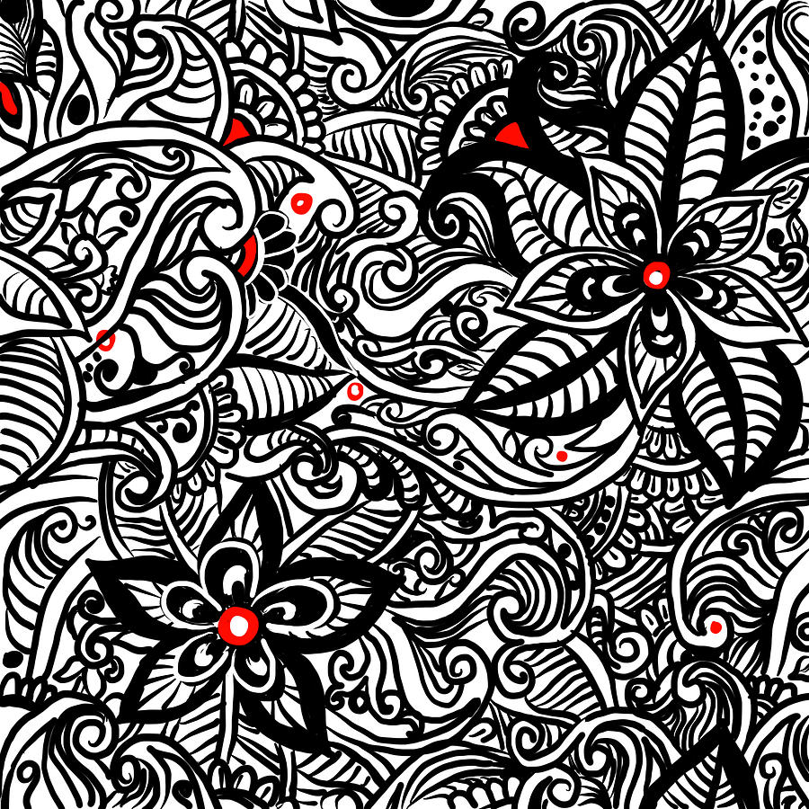 Zendoodle Flowers Black White Red Drawing by Patricia Piotrak