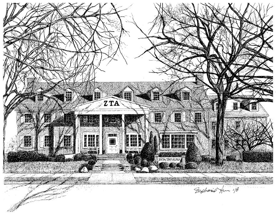 Zeta Tau Alpha Sorority House, Purdue University, West Lafayette, Indiana, Fine Art Print Drawing by Stephanie Huber