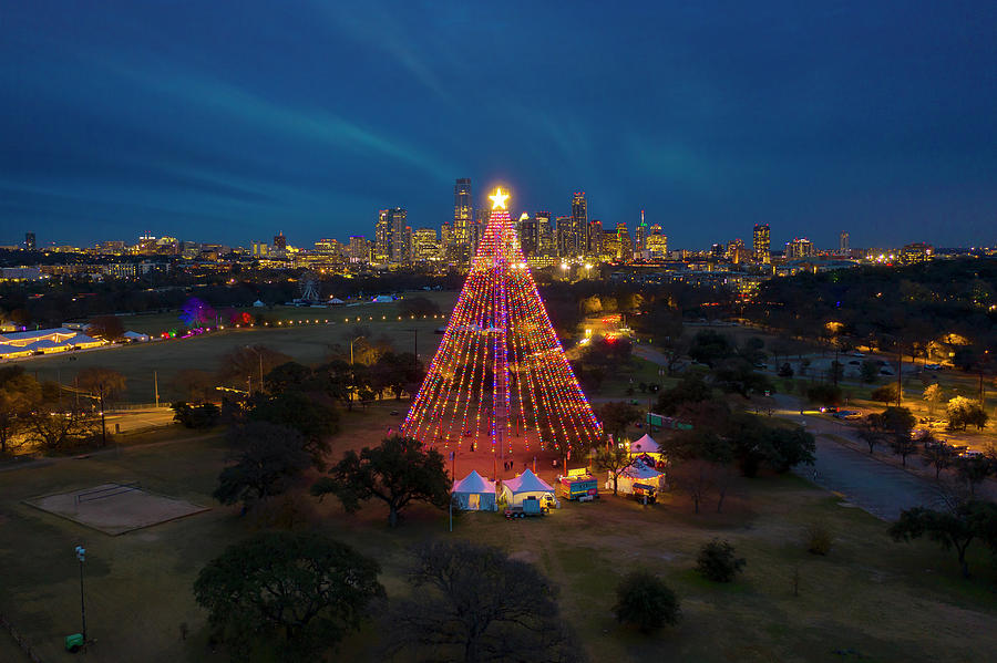Zilker Christmas Tree and the Austin Skyline 125-1 Photograph by Rob Greebon