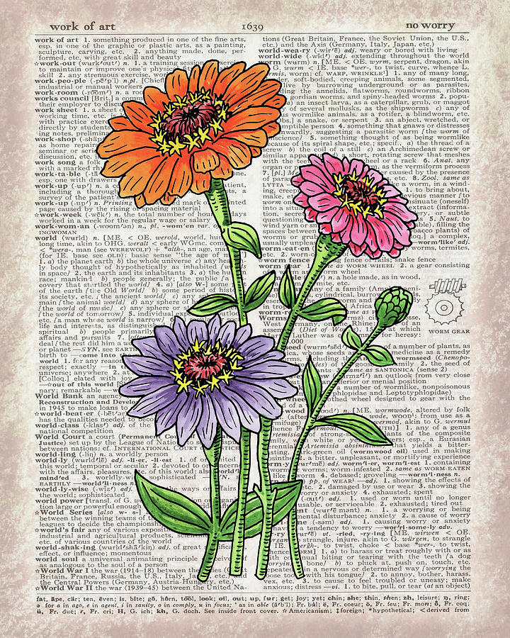 Zinnia Dictionary Page Watercolor Art Painting