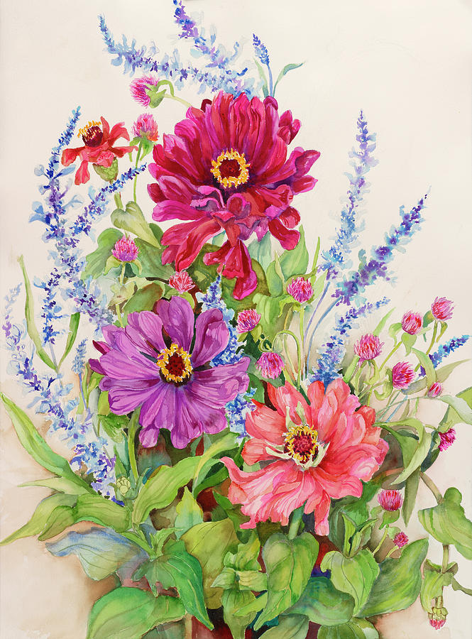 Zinnias And Blue Salvias Painting by Joanne Porter | Pixels