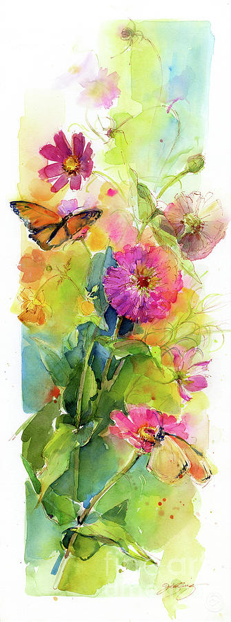 Zinnias And Butterflies, 2015 Watercolor Painting by John Keeling