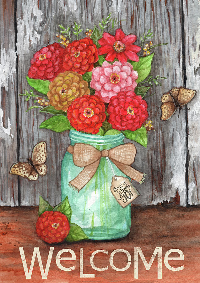 Summer Painting - Zinnias In Jar Welcome Share Joy by Melinda Hipsher