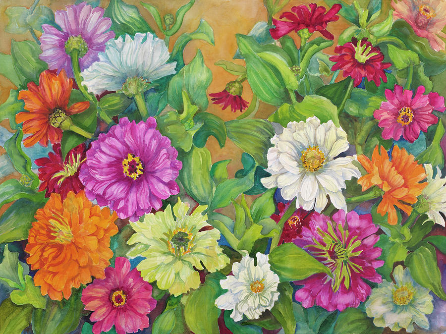 Pink Painting - Zinnias Palette Of Color by Joanne Porter