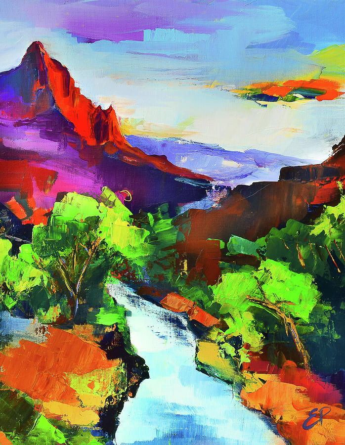 Nature Painting - Zion - The Watchman and the Virgin River by Elise Palmigiani