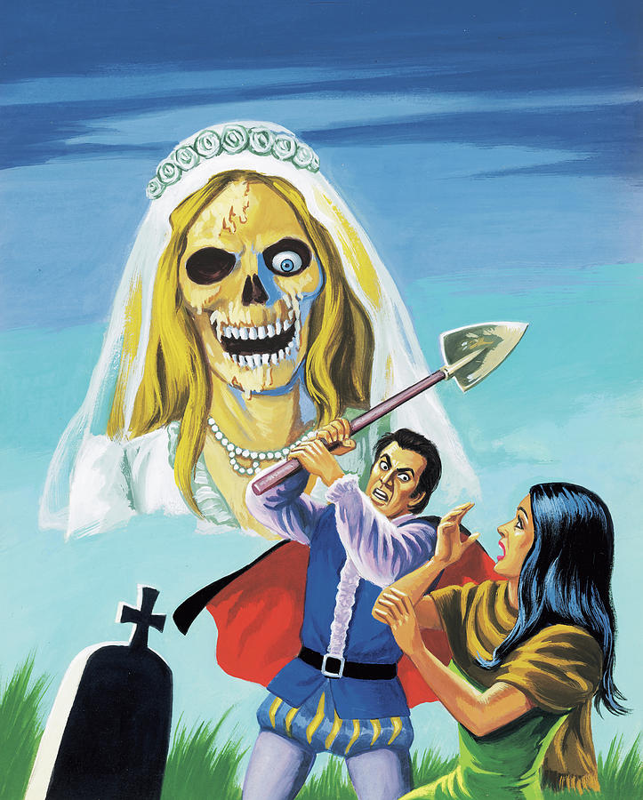 Madness Drawing - Zombie Bride and Couple in a Cemetery by CSA Images