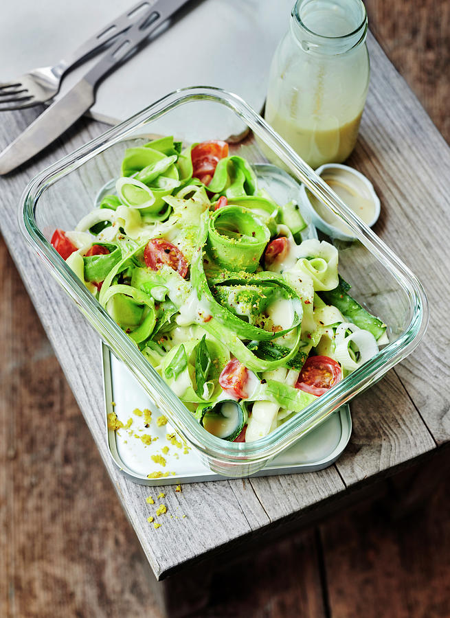 Zoodles With Cherry Tomatoes, Spring Onions And Yoghurt Mustard Sauce In A To-go Box Photograph by Stefan Schulte-ladbeck