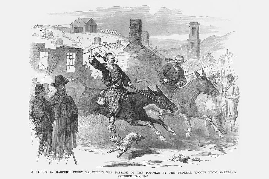 Zouaves Ride their horses thru Harpers Ferry Painting by Frank Leslie