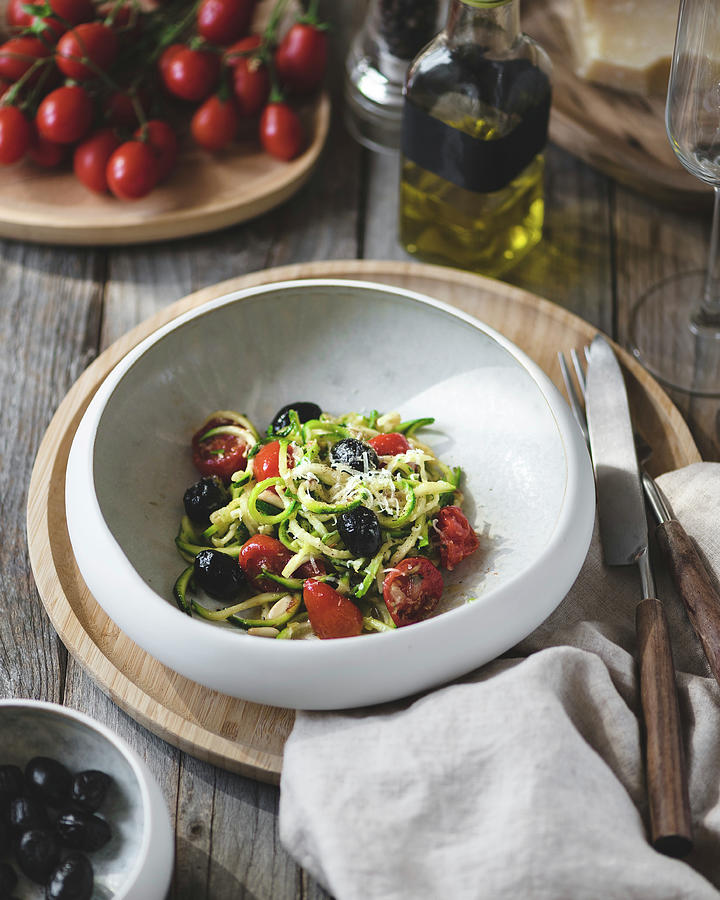 Zucchini Noodles With Black Olives, Cherry Tomatoes And Parmesan Cheese keto Photograph by Valentina T.