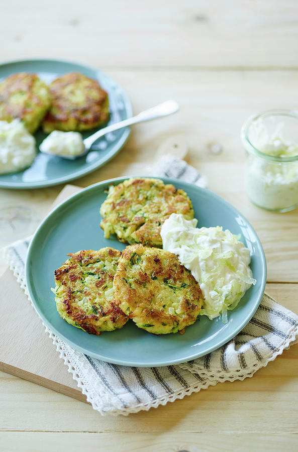 Zucchini Patties With Tzatziki Photograph by Peter Rees