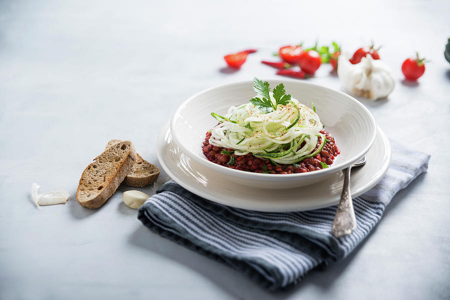 Zucchini Spaghetti With Beetroot vegan Photograph by Kati Neudert