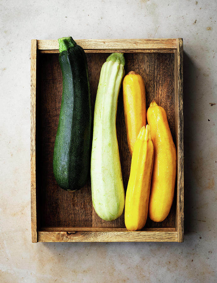 Zucchini Variety In Green, White And Yellow Photograph by Minna Vauhkonen