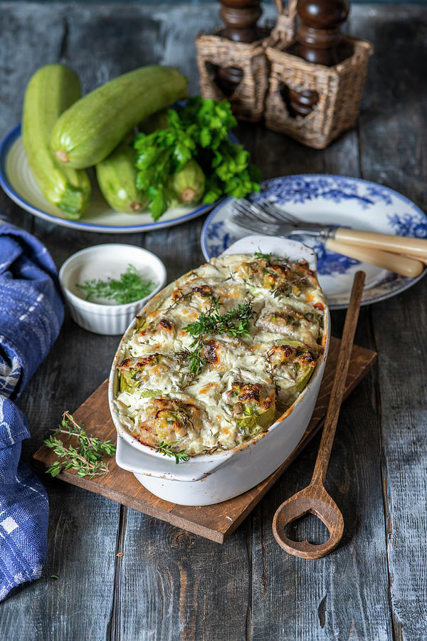 Zucchinis Stuffed With Minced Chicken And Baked In Sour Cream Photograph by Irina Meliukh
