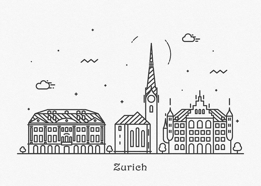Zurich Cityscape Travel Poster Drawing by Inspirowl Design
