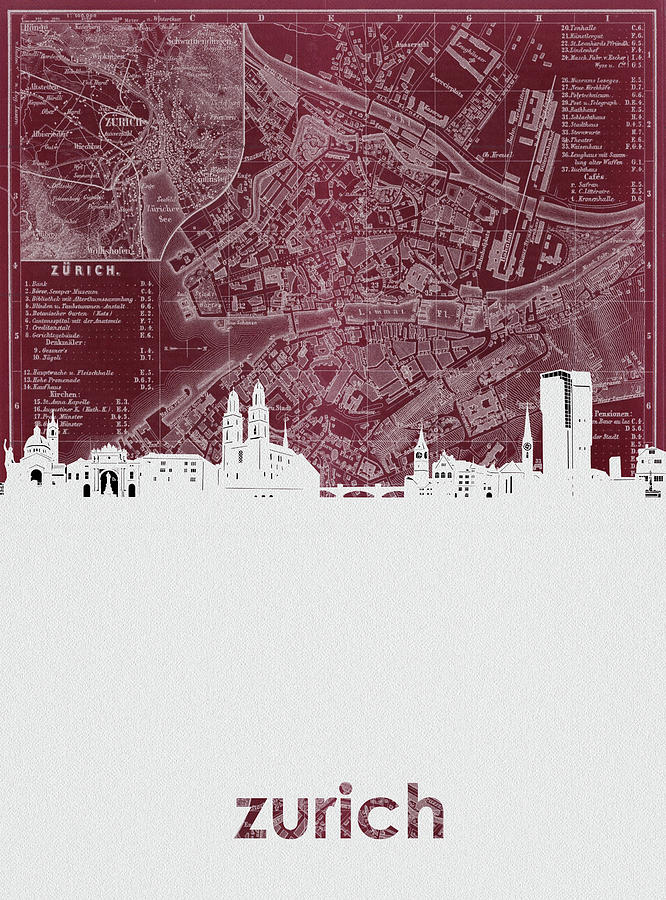 Zurich Skyline Map Red Digital Art By Bekim M - Fine Art America