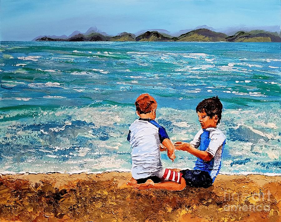 . Children have their play on the seashore of worlds 3 Painting by Eli Gross