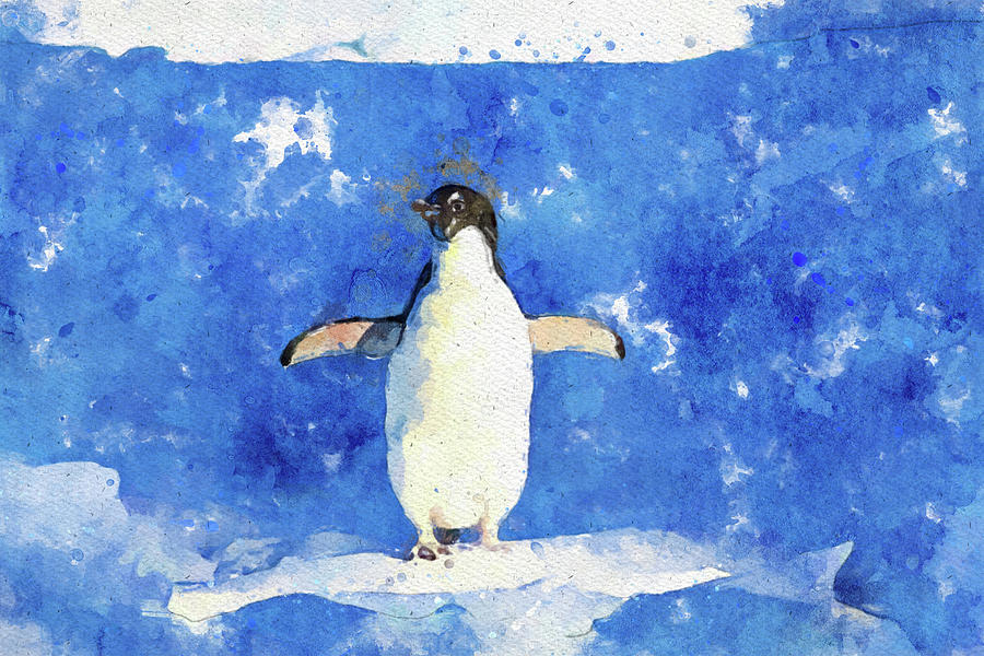 001 Penguin Watercolor Penguin Watercolor Painting with blue Background Painting by Large Wall Art For Living Room