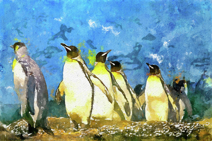 004 Multiple Penguins Watercolor Penguis Watercolor Painting with Blue Background Painting by Large Wall Art For Living Room