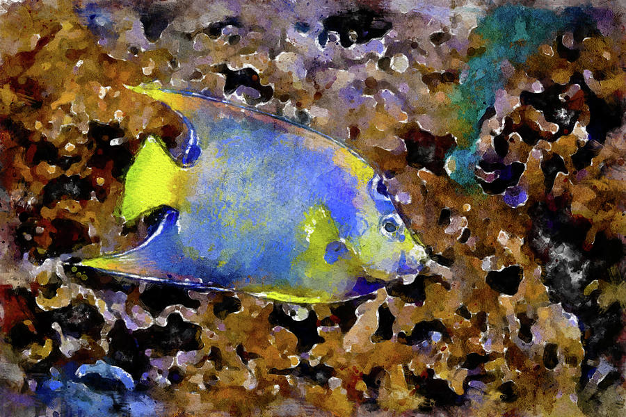 007 Yellow and Blue Angelfish Watercolor Angelfish with Underwater Background Painting by Large Wall Art For Living Room