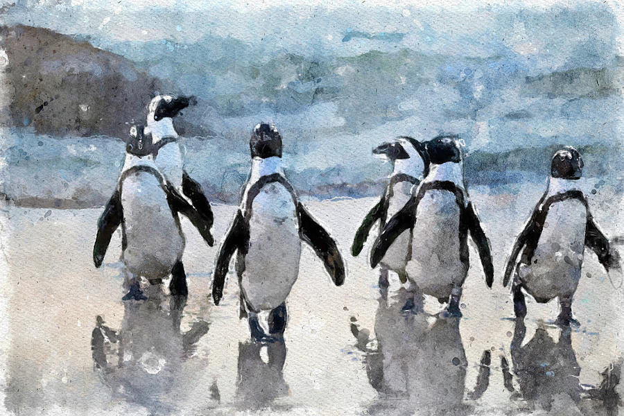 008 Multiple Penguins Watercolor Penguis Watercolor Painting with White Background Painting by Large Wall Art For Living Room