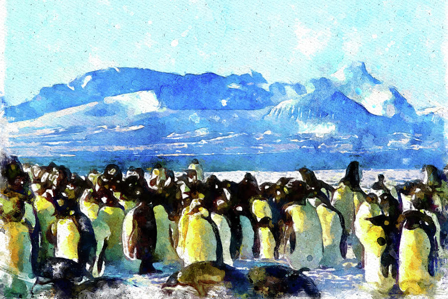 009 Multiple Penguins Watercolor Penguis Watercolor Painting with Light Blue Background Painting by Large Wall Art For Living Room