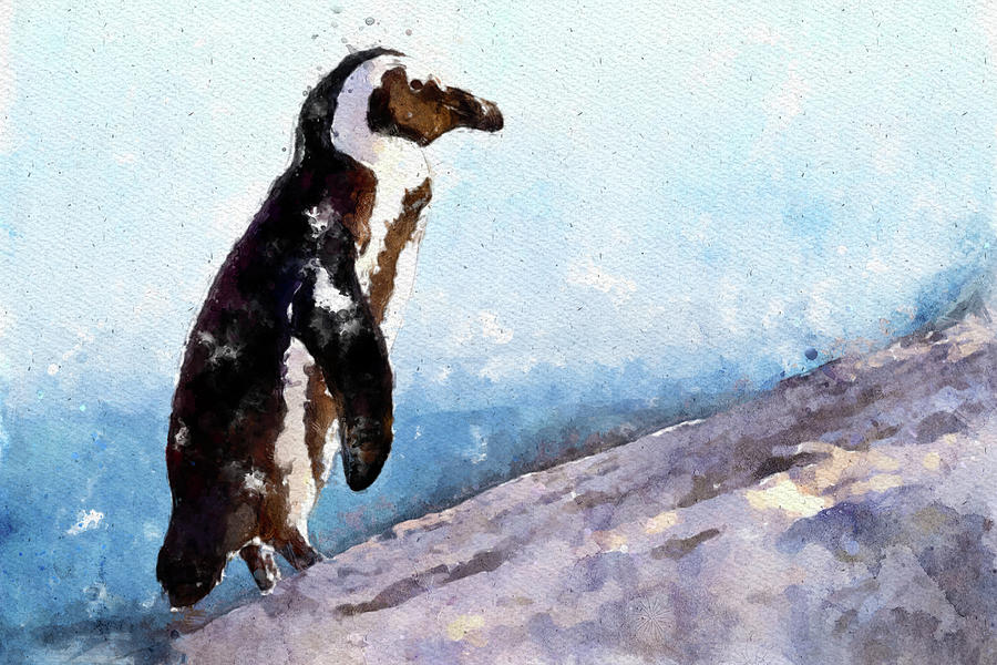 010 SIngle Penguin Watercolor Penguin Watercolor Painting Black and White Painting by Large Wall Art For Living Room
