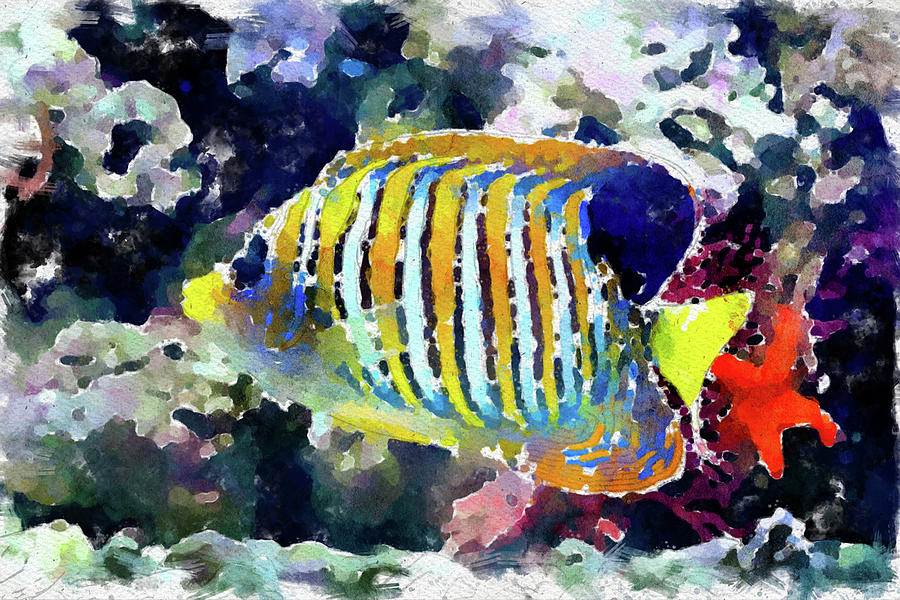 012 Yellow Angelfish Watercolor Angelfish with Blue Color Underwater Background Painting by Large Wall Art For Living Room