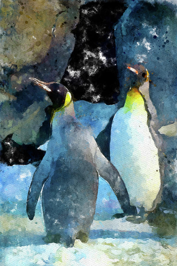 013 Couple of Penguins Watercolor Penguis Watercolor Painting with Rocks Background Painting by Large Wall Art For Living Room