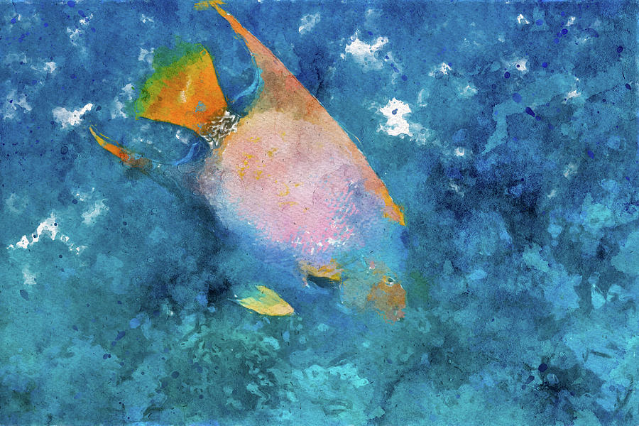 013 Pink Angelfish Watercolor Angelfish with Orange Color Underwater Background Painting by Large Wall Art For Living Room