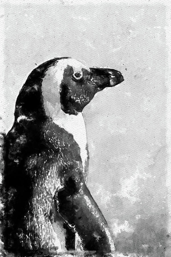 014 SIngle Penguin Watercolor Penguin Watercolor Painting Black and White Painting by Large Wall Art For Living Room