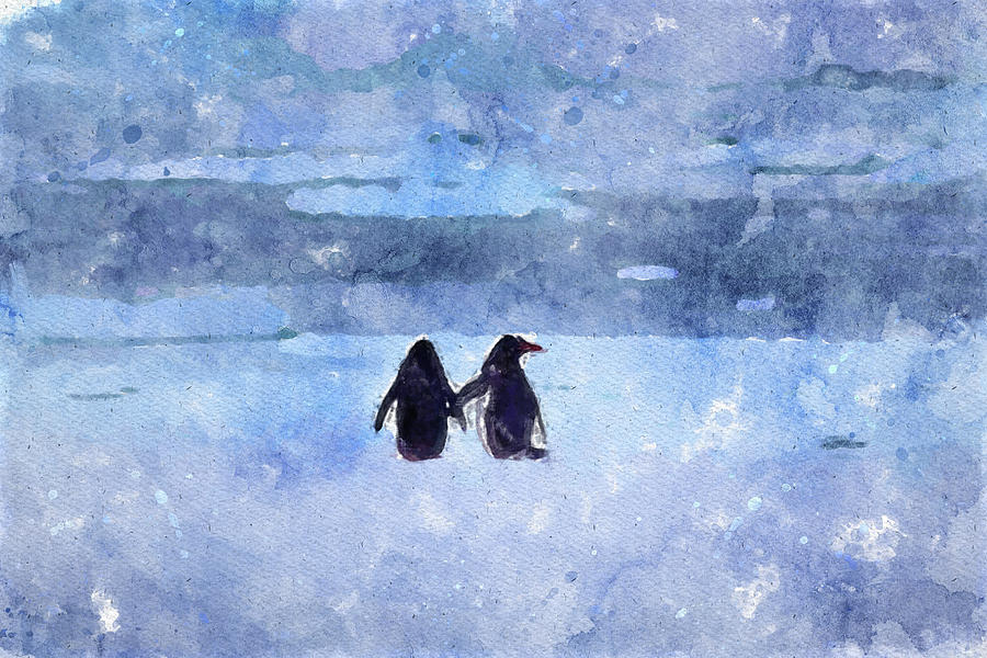 017 Couple of Penguins Watercolor Penguis Watercolor Painting with Blue Ice Background Painting by Large Wall Art For Living Room