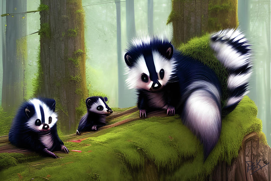 018DEK-Portrait of an adorable skunk family on a mossy log - 2244-ed  Mixed Media by Donald Keith