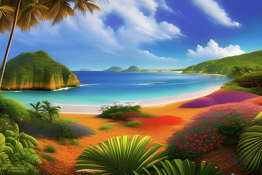 019DEK-Gorgeous Tropical Beach With Birds and wildflowers - 1330-ed-3840px X 2560px Mixed Media by Donald Keith