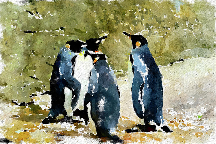 020 Multiple Penguins Watercolor Penguis Watercolor Painting with Rocks Background Painting by Large Wall Art For Living Room