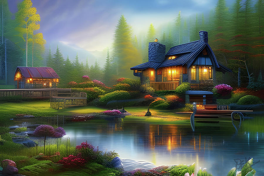 079 -DEK- Beautiful Cottage by peaceful lake with waterfalls -2544_13.9x-ed1-3840px X 2560px Mixed Media by Donald Keith