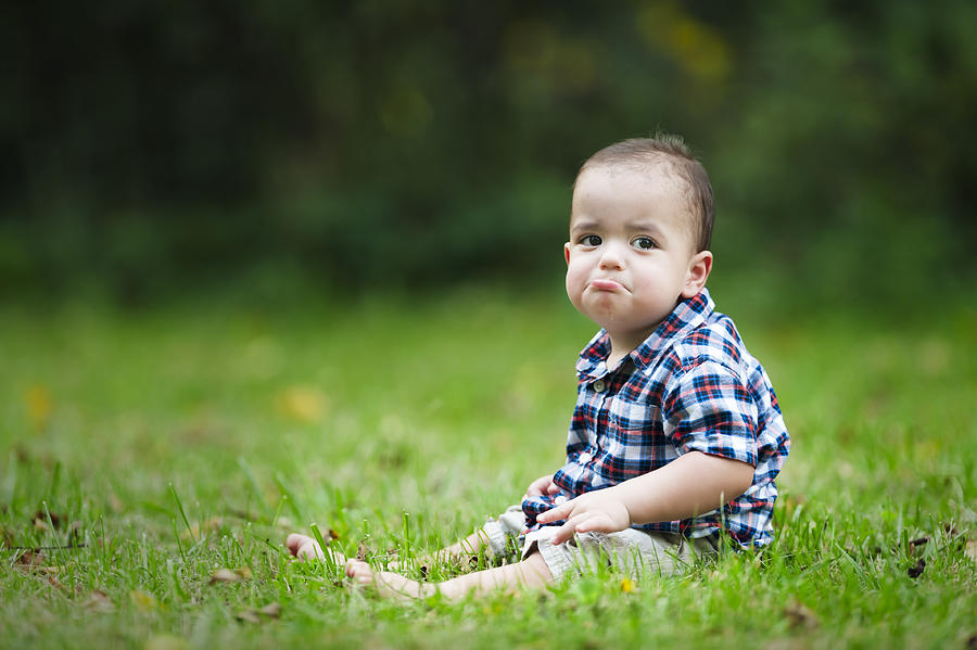 12 month Beautiful Fraternal Twin Baby Sits in Grass Photograph by Jill Lehmann Photography