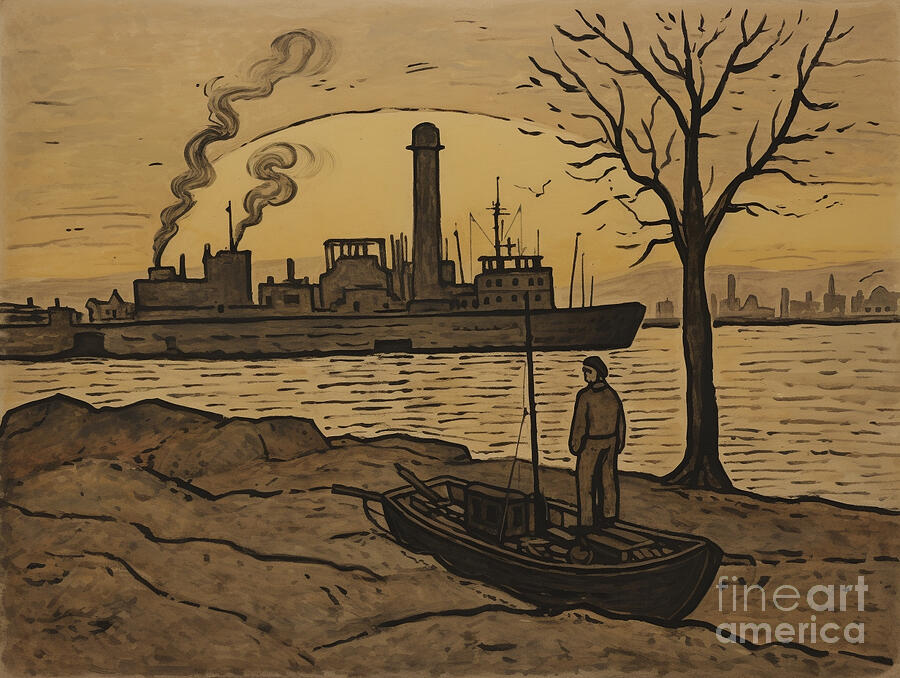 Sunset Painting - 1930s Liverpool harbour scene viewed at dusk by Asar Studios by Celestial Images