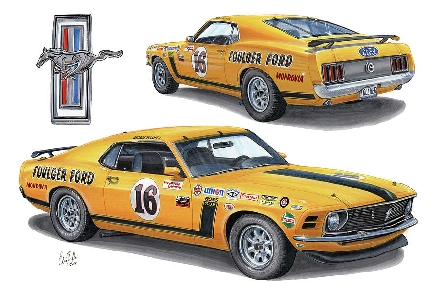 1970 Ford Mustang Boss 302 Drawing by The Cartist - Clive Botha