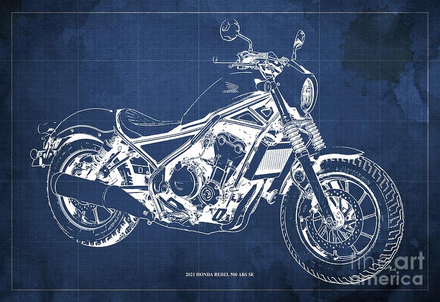 2021 Honda Rebel 500 ABS SE Blueprint,Blue Vintage Background,Gift for Bikers #1 Drawing by Drawspots Illustrations