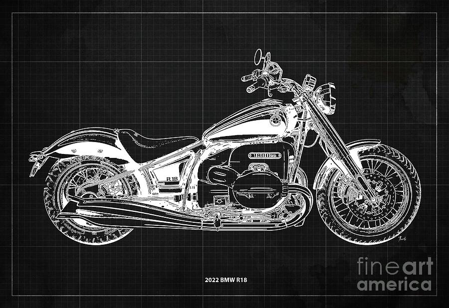 2022 Bmw R18 Blueprint,vintage Dark Grey Background,gift For Bikers Drawing