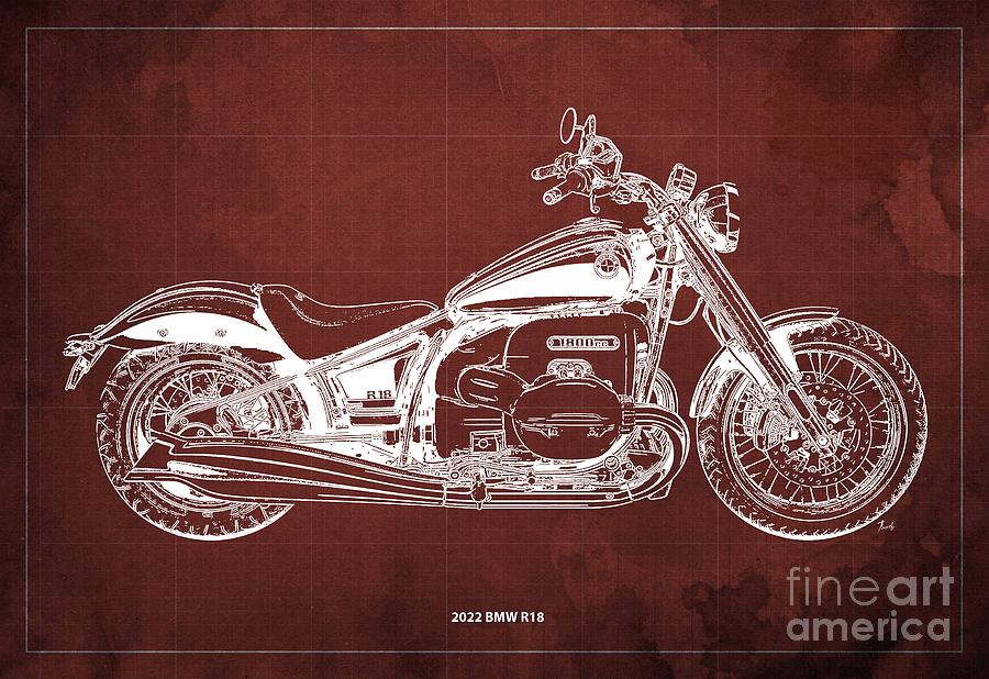 2022 Bmw R18 Blueprint,vintage Red Background,gift For Bikers Drawing