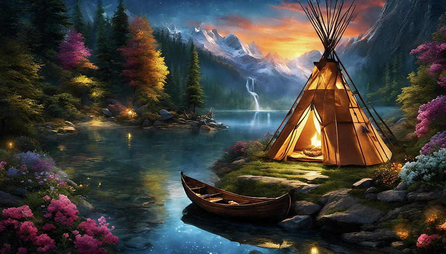 244-Starry Night with teepee on mountain lake -3961 Mixed Media by Donald Keith