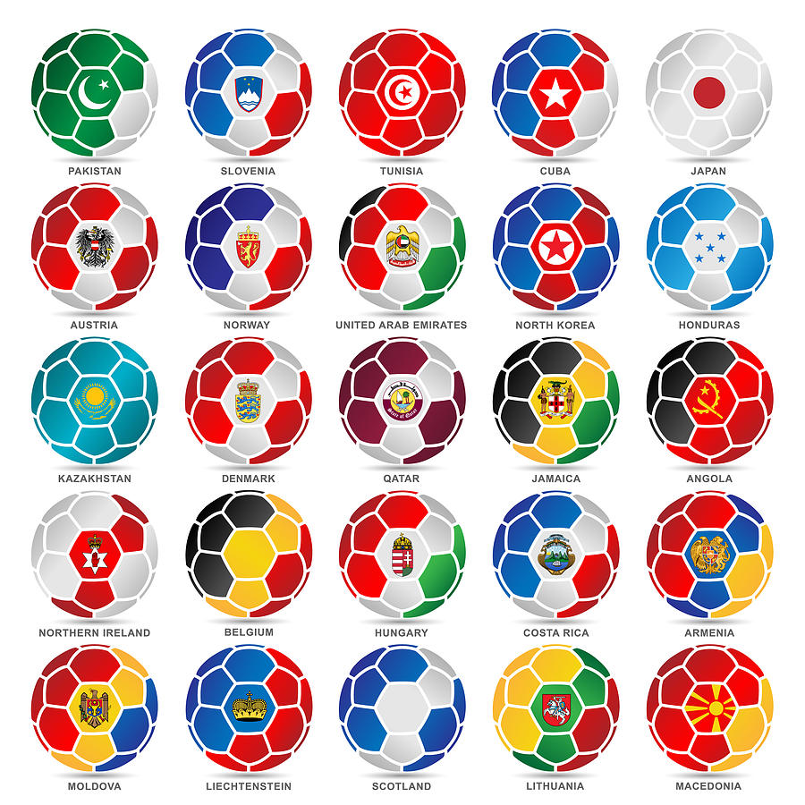 25 Flags of world on soccer balls #1 Drawing by Et-artworks