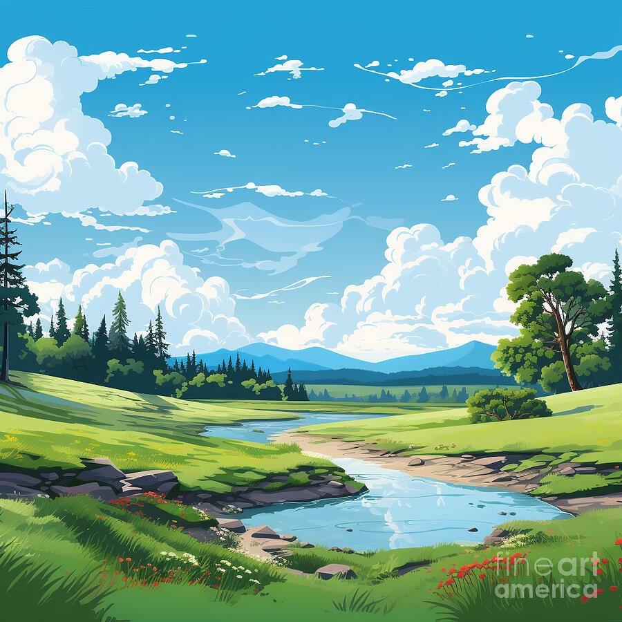 2D Flat Cartoon Landscape Postcard Image   style by Asar Studios #1 Painting by Celestial Images